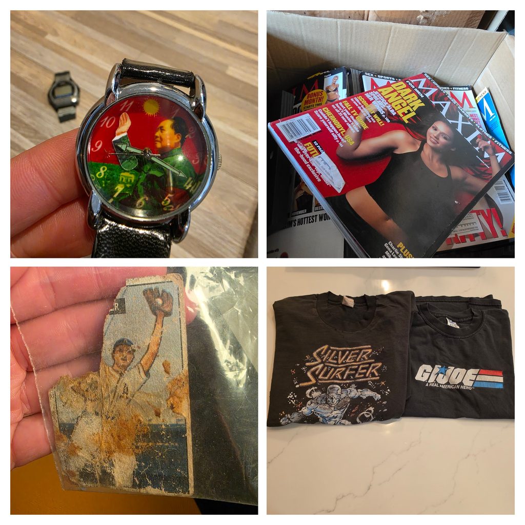 Collage of 80s and 90s childhood toys and keepsakes I kept